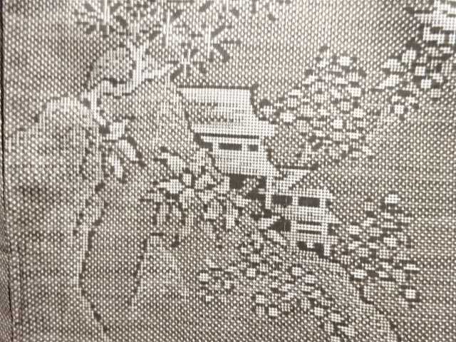 JAPANESE KIMONO / SILK / DORO OSHIMA TSUMUGI / WOVEN SCENERY OF TEMPLES